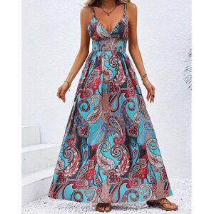 Blue Boho Paisley Print Shirred Cami Maxi Dress